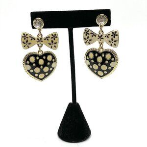 NWT Betsey Johnson Black Cream Heart Bow Enamel Crystal Drop Pierced Earrings